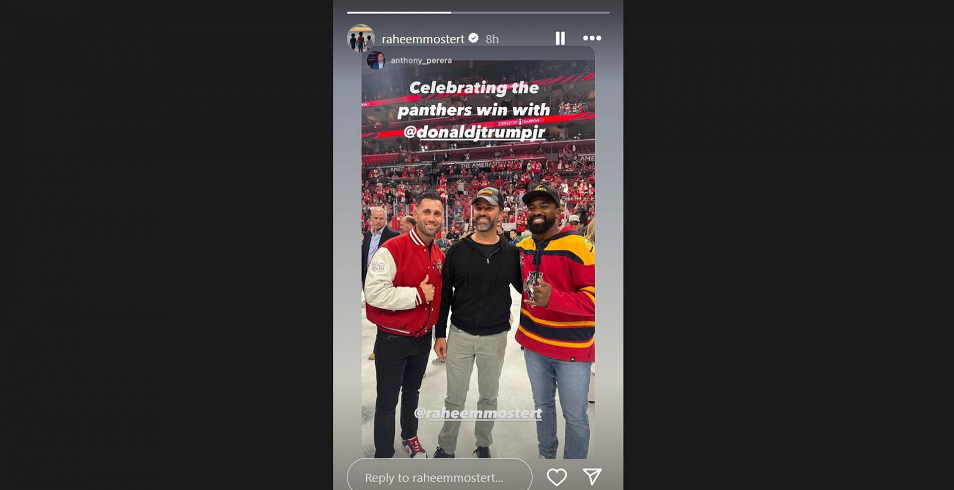 Raheem Mostert links up with Donald Trump Jr. during Panthers' Stanley Cup victory over Oilers/@raheemmostert